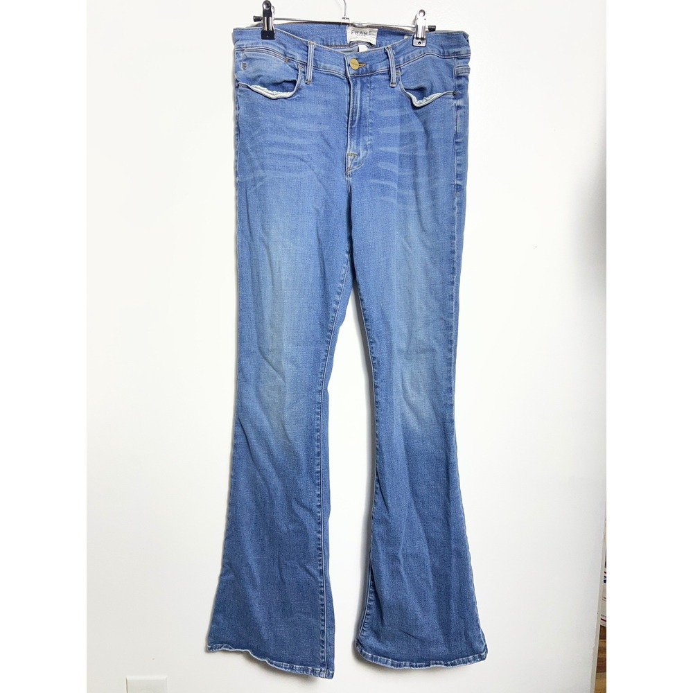 FRAME Denim Le High Flare Jeans Med Wash Blue High Rise 31 Flare Leg Boho Chic